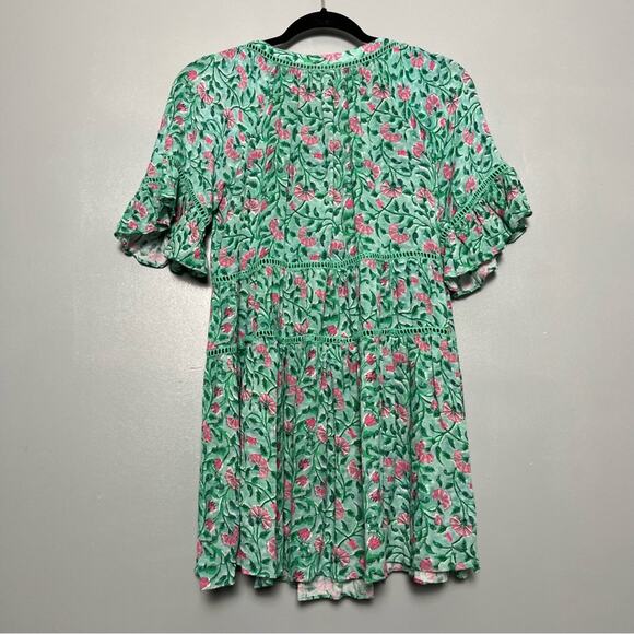 NWT Playa Lucila Floral Tiered Mini Dress Green Flowy Beach Boho Women’s Size S - Picture 3 of 8